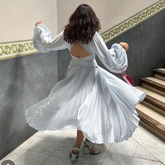 Acler Dress US 4 Palms Pleated Satin Midi Dress Light Blue AU 8 - Picture 3 of 15